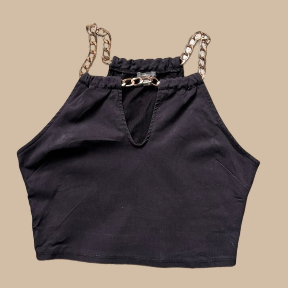 BLACK HALTER TOP WITH ROSE GOLD CHAIN STRAPS